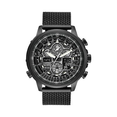 Men's black ion plated steel radio controlled chronograph bracelet watch jy8037-50e